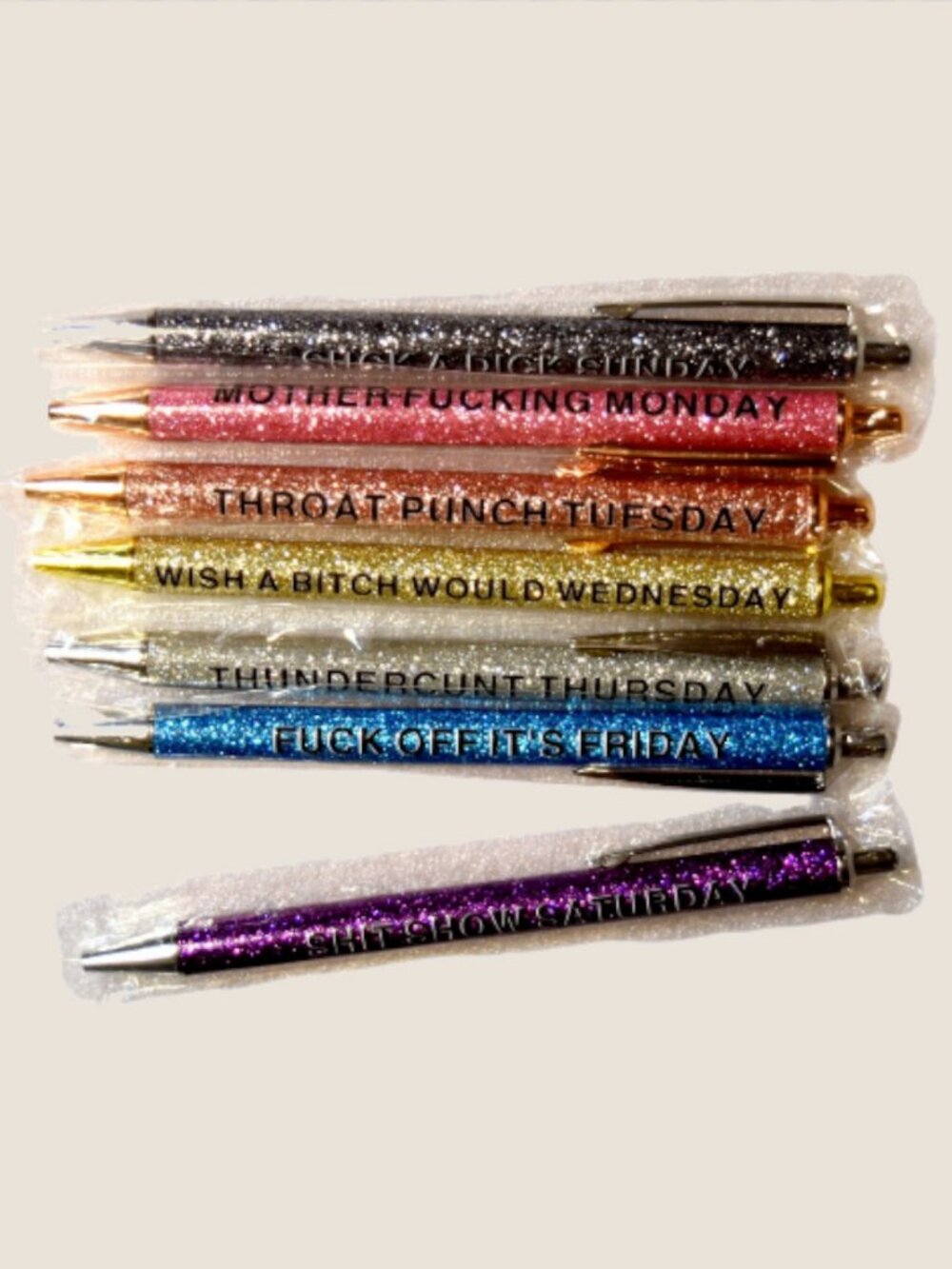 7PC Glitter Pen Set Funny Swear Word Weekday Novelty Pens NIP Gift - Picture 6 of 6